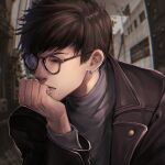  1boy black_jacket blurry blurry_background closed_eyes cracked_glass earrings glasses grey_shirt hand_on_own_chin jacket jewelry leather leather_jacket male_focus maou_(maou62) mole mole_under_mouth original outdoors painttool_sai_(medium) shirt short_hair solo upper_body 
