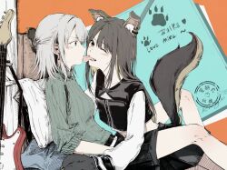  2girls animal_ears bang_dream! bang_dream!_our_notes black_shorts black_vest blonde_hair blue_eyes blush brown_hair chinese_commentary colored_inner_hair commentary_request dog_ears dog_girl dog_tail earrings electric_guitar green_sweater grey_hair guitar half_updo hoop_earrings instrument jewelry licking licking_another's_face long_hair loveringo mahashi_miku multicolored_hair multiple_girls paw_pose shirt shorts suga_raika sweater tail tongue tongue_out vest white_shirt yellow_eyes yuri 