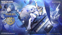  1boy alchemy_stars animal arm_up black_sash blue_eyes blue_flower blue_hair blue_rose blue_scarf character_name commentary copyright_logo copyright_notice curtains english_commentary epaulettes flower frilled_sleeves frills full_body gloves hair_ornament half_gloves hand_on_own_chest highres instrument jacket jewelry knee_up logo lying novio_(alchemy_stars) novio_(blessed_recital)_(alchemy_stars) official_alternate_costume official_art pants piano piano_bench rabbit ring rose sash scarf shirt shoes smile white_gloves white_jacket white_pants white_shirt white_shoes zoom_layer 