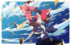  1girl 2boys :d alternate_eye_color artist_name black_hair blue_eyes blue_hakama blue_sky border bow brown_eyes brown_hair closed_mouth clouds cloudy_sky commentary_request copyright_name copyright_request dated earrings facial_hair full_body fuu_(samurai_champloo) glasses goatee_stubble green_sash hair_ornament hair_stick hakama hakama_pants haori highres holding holding_sword holding_weapon japanese_clothes jewelry jinnosuke katana kawazu_(kwzuuun) kimono large_bow long_hair low_ponytail midriff mugen_(samurai_champloo) multiple_boys navel open_mouth pants pink_bow pink_kimono pointing ponytail red_haori samurai_champloo sandals sash sheath shirt short_hair shorts shoulder_sash sky smile stubble sword teeth upper_teeth_only violet_eyes weapon white_border white_shirt zouri 