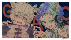  1boy 1other border commentary_request embarrassed gloves gnosia green_eyes green_hair green_nails high_collar highres kemonomimi_mode ni_(n_cc) partially_fingerless_gloves paw_pose portrait raqio red_eyes remnan_(gnosia) short_hair signature teeth tongue tongue_out white_border white_hair 