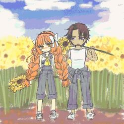  1boy 1girl 793_(oo793oo) blue_overalls blue_pants braid closed_mouth commentary field flower flower_field freckles full_body head_tilt heathcliff_(project_moon) holding holding_flower ishmael_(project_moon) limbus_company long_hair looking_at_viewer low_twin_braids open_mouth orange_eyes orange_hair overalls pants project_moon shirt shoes sleeves_rolled_up sneakers standing summer sunflower sunflower_field twin_braids very_long_hair white_shirt white_shoes 