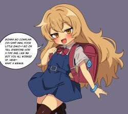  1girl absurdres backpack bag black_thighhighs blonde_hair blue_scrunchie blue_shirt blue_skirt blush commentary crime_prevention_buzzer english_commentary english_text fang grey_background hanakaji_(yuuchanto) highres long_hair looking_at_viewer open_mouth original randoseru red_bag scrunchie shirt skin_fang skirt solo thigh-highs very_long_hair yellow_eyes zettai_ryouiki 