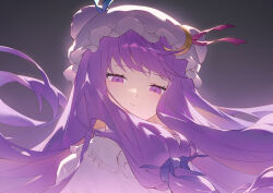  1girl absurdres closed_mouth commentary_request crescent crescent_hat_ornament dress hair_ribbon hat hat_ornament highres korean_commentary long_hair looking_at_viewer mob_cap mongguri patchouli_knowledge pink_dress pink_hat purple_hair purple_ribbon ribbon solo touhou upper_body violet_eyes 