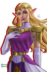  1girl arm_at_side armor belt blonde_hair breasts closed_mouth commentary cowboy_shot dress drop_shadow earrings elbow_gloves english_commentary eyelashes gloves gold_armor gold_belt gold_tiara green_eyes hand_on_own_chest high_collar highres instagram_logo instagram_username jewelry large_breasts long_hair looking_at_viewer multicolored_dress narrow_waist pink_dress pointy_ears princess_zelda sergio_lara shoulder_armor signature simple_background sleeveless sleeveless_dress the_legend_of_zelda the_legend_of_zelda:_ocarina_of_time triforce twitter_username twitter_x_logo white_background 