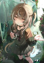  1girl absurdres ahoge asymmetrical_legwear black_choker black_nails black_shirt black_skirt black_streaks boots brown_eyes brown_hair bush choker commentary flower from_above garter_straps hand_up heart_pendant highres holding holding_umbrella hololive hololive_english jewelry light_blush long_hair long_sleeves looking_at_viewer mismatched_legwear multicolored_hair myang nanashi_mumei nanashi_mumei_(emo) necklace nightmare_(nanashi_mumei) one_side_up orange_eyes outdoors outstretched_hand palms parted_lips pleated_skirt print_shirt puddle rain red_flower red_rose reflection reflective_liquid ripples road rose shirt skirt solo streaked_hair sweater_under_shirt t-shirt thigh_strap transparent transparent_umbrella umbrella virtual_youtuber water white_streaks 