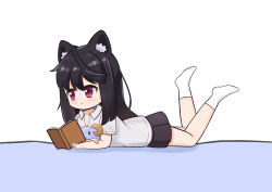  1girl absurdres animal_ear_fluff animal_ears apricotlemontea bed_sheet black_hair black_skirt book cat_ears closed_mouth collared_shirt commentary_request dress_shirt full_body hair_between_eyes highres holding holding_book legs_up long_hair lying no_shoes on_stomach open_book original pleated_skirt red_eyes shirt simple_background skirt smile socks solo very_long_hair white_background white_shirt white_socks 