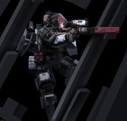  1girl abstract_background absurdres aiming blue_eyes cable cqcnorthfish facing_to_the_side first_aid_kit gloves gun headphones helmet highres load-bearing_equipment looking_to_the_side mechanical_legs military military_patch original peq red_hair rifle science_fiction scope short_hair sniper_rifle solo space_helmet spacesuit suppressor tactical_clothes tactical_gloves thrusters weapon 
