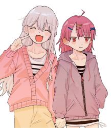  2girls bang_dream! bang_dream!_yumemita braid cardigan closed_eyes closed_mouth commentary fang grey_hair grey_hoodie hair_ornament hairclip half_updo hand_in_pocket highres holding_hands hood hoodie interlocked_fingers long_hair miyanaga_nonoka miyanaga_nonoka_(real) multiple_girls open_mouth pink_cardigan pink_hair pointing pointing_at_self red_eyes sayu_(4uuvk) sengoku_yuno sengoku_yuno_(real) shirt simple_background skirt smile twin_braids white_background white_shirt yellow_skirt yuri 