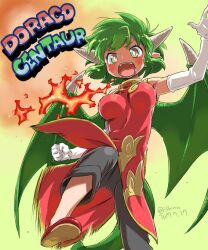 1girl amber_eyes ass black_pants breathing_fire character_name chinese_clothes draco_centauros dragon_girl dragon_horns dragon_tail dragon_wings eyebrows_visible_through_hair fire green_background green_hair highres isedaichi_ken long_gloves looking_at_viewer medium_breasts multicolored_background open_mouth pointy_ears puyopuyo puyopuyo_20th_anniversary qipao red_shoes short_hair short_pants teeth twitter_username white_gloves