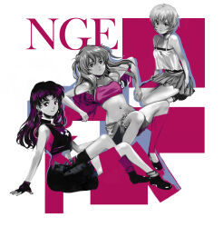  alternate_costume athenacg ayanami_rei commentary crop_top english_commentary fingerless_gloves flats gloves greyscale katsuragi_misato logo monochrome neon_genesis_evangelion shorts skirt souryuu_asuka_langley white_background 