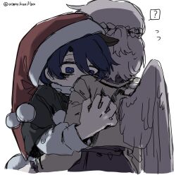  2girls ? animal_ears aonorikani3ba black_dress blue_eyes blue_hair commentary doremy_sweet dress feathered_wings from_side grey_jacket hand_on_another's_back hat highres hug jacket kishin_sagume long_sleeves medium_hair multiple_girls nightcap pom_pom_(clothes) single_wing spoken_question_mark tapir_ears touhou twitter_username two-tone_dress wavy_eyes white_background white_dress white_hair white_wings wings 