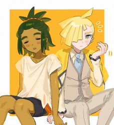  2boys :o black_shorts blonde_hair blush_stickers border bow closed_eyes coat collared_shirt dark-skinned_male dark_skin ear_piercing fua1heyvot4ifsr gladion_(pokemon) gladion_(sygna_suit)_(pokemon) green_eyes green_hair grey_pants grey_vest hair_over_one_eye hau_(pokemon) hau_(sygna_suit)_(pokemon) highres looking_at_viewer male_focus multiple_boys official_alternate_costume open_mouth pants piercing pokemon pokemon_masters_ex pokemon_sun_and_moon ponytail shared_clothes shared_coat shirt short_hair shorts simple_background sitting upper_body vest white_border white_shirt yellow_bow yellow_coat 