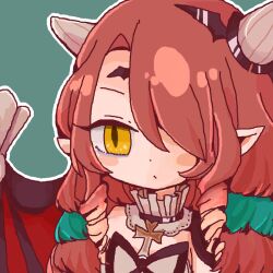  1girl bat_hair_ornament bat_wings blue_background butter_run closed_mouth commentary_request cross cross_necklace dot_mouth drill_hair green_hair hair_ornament jewelry lady_proud magical_girl mahou_shoujo_ikusei_keikaku mahou_shoujo_ikusei_keikaku_jokers multicolored_hair necklace one_eye_covered pink_hair pointy_ears twin_drills wings yellow_eyes 