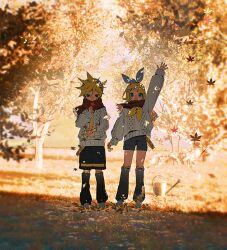  1boy 1girl :d autumn autumn_leaves blonde_hair blue_eyes blush blush_stickers bow brother_and_sister brown_scarf closed_mouth commentary falling_leaves hair_ornament hairclip headphones highres holding holding_leaf kagamine_len kagamine_rin knit_sweater leaf leg_warmers looking_at_viewer looking_down neckerchief necktie nose_blush open_mouth outdoors parallel_hairclips ponytail scarf shirt shoes short_hair shorts siblings smile sweater tree twins vocaloid watering_can white_bow white_shoes white_sweater wide_shot yellow_neckerchief yellow_necktie zero_(jckz2334) 