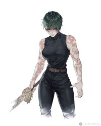  1girl bare_shoulders belt belt_buckle brown_belt buckle green_eyes green_hair highres jujutsu_kaisen muscular muscular_female one_eye_closed scar scar_on_face scars_all_over simple_background solo wandzardeen white_background zen'in_maki zen'in_maki_(post-shibuya) 
