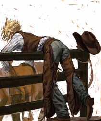  1boy alternate_costume blonde_hair boots brown_boots brown_chaps brown_hat brown_vest cloud_strife cowboy cowboy_hat cowboy_western cropped_vest fence final_fantasy final_fantasy_vii full_body grey_pants hat highres horse lasso leather leather_vest male_focus pants saddle shirt short_hair sirisketchbook solo spiky_hair vest white_background white_shirt 