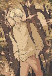  1boy bag blue_eyes brown_pants cigarette collared_shirt forest frown ginko_(mushishi) hands_in_pockets highres long_sleeves looking_to_the_side male_focus mushi_(mushishi) mushishi nature open_collar outdoors pants parted_bangs pikurusu shirt short_hair sideways_glance smoke smoke_trail smoking solo tree very_short_hair white_hair white_shirt wing_collar 