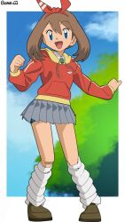  1girl :d alternate_costume artist_name bambi2000line bandaid bandaid_on_knee bandaid_on_leg blue_eyes bow bow_hairband brown_hair brown_shoes collarbone commentary_request eyelashes full_body grey_skirt hair_between_eyes hair_bow hairband highres long_sleeves looking_at_viewer may_(pokemon) open_mouth pleated_skirt pokemon pokemon_omega_ruby_and_alpha_sapphire red_bow red_hairband red_sweater shoes shorts shorts_under_skirt skirt smile socks solo sweater white_socks 