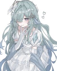  1girl blue_eyes blue_hair blush breasts bright_pupils closed_mouth cowboy_shot dress elbow_gloves eyelashes fins flower genshin_impact gloves gradient_hair green_hair hair_flower hair_ornament hair_over_one_eye hand_up head_fins heart highres jewelry long_hair looking_at_viewer medium_breasts medium_dress multicolored_hair nayuta_(8888_mugen) necklace official_alternate_costume pearl_hair_ornament pearl_necklace puffy_short_sleeves puffy_sleeves shell shell_hair_ornament short_sleeves sidelocks simple_background smile solo standing two-tone_hair very_long_hair vodyanitsa_(bard)_(genshin_impact) vodyanitsa_(genshin_impact) wavy_hair white_background white_dress white_flower white_gloves white_pupils 