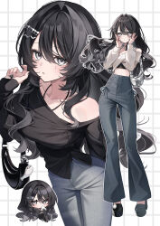  1girl absurdres bag bilingual_commentary black_bag black_hair black_nails black_shirt black_shoes block_heels bow breasts chibi closed_mouth commentary crop_top denim eating english_commentary expressionless fingernails food grey_eyes grey_pants grid_background hair_between_eyes hair_bow hair_intakes hair_ornament hairclip hand_up handbag hands_on_own_face hands_up heart heart_hair_ornament highres holding holding_food jeans kanmidokoro_curly long_hair long_sleeves medium_breasts midriff mixed-language_commentary multiple_views nail_polish off-shoulder_shirt off_shoulder onigiri original pants parted_lips shirt shoes single_bare_shoulder single_off_shoulder standing star_(symbol) star_in_eye symbol_in_eye wavy_hair white_background white_shirt 