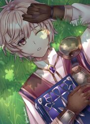  1boy armor artist_name book brown_gloves chest_guard commentary fire_emblem fire_emblem_echoes:_shadows_of_valentia gloves grass hand_on_own_face highres holding holding_book kliff_(fire_emblem) looking_at_viewer lying maji_(majibomber) male_focus on_back on_ground one_eye_closed pauldrons purple_vest shirt shoulder_armor single_pauldron twitter_username upper_body vest white_shirt 
