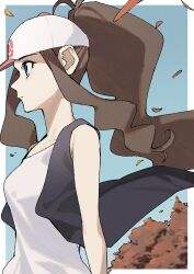  1girl absurdres aoi_(altea0923) autumn_leaves baseball_cap black_vest blue_eyes blue_sky breasts brown_hair commentary hat high_ponytail highres hilda_(pokemon) leaf long_hair open_clothes open_vest poke_ball_print pokemon pokemon_black_and_white ponytail shirt sidelocks sky small_breasts solo tree untranslatable_commentary vest white_shirt 