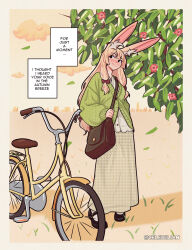  1girl animal_ears animal_nose artist_name autumn bag bicycle black_eyes black_shoes blonde_hair blush border brown_skirt bun_wife_(celebelian) buttons cardigan celebelian clouds commentary day english_commentary english_text falling_leaves full_body furry furry_female grass green_cardigan highres leaf long_hair long_skirt looking_afar original outdoors path rabbit_ears rabbit_girl shirt shoes shoulder_bag skirt skyline smile solo speech_bubble standing tree white_border white_shirt 