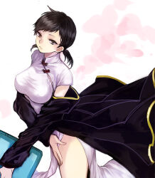  1girl black_coat black_hair breasts chinese_clothes coat commentary_request computer cowboy_shot devil_survivor_(series) devil_survivor_2 dress expressionless grey_eyes holding holding_laptop kanno_fumi laptop large_breasts looking_at_viewer low_twintails nanamura qipao simple_background solo twintails white_background white_dress 