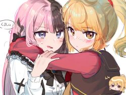  2girls blonde_hair blue_eyes blue_gem blush bow bowtie braid breasts brown_bow brown_bowtie brown_hair brown_ribbon chibi chibi_inset commentary crossover freckles gem hair_ribbon hair_tie hand_on_another's_arm highres hug long_hair long_sleeves looking_at_another looking_at_viewer making-of_available multicolored_hair multiple_girls nekota_tsuna_(artist) pink_hair ponytail rachel_(tower_of_god) red_shirt ribbon shirt simple_background speech_bubble split-color_hair sweat tachibana_hinano tachibana_hinano_(1st_costume) tower_of_god virtual_youtuber vspo! white_background yellow_eyes 