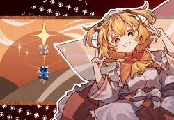  1girl 2girls ascot blonde_hair blouse blue_dress blue_eyes blush bow cirno commentary_request double_v dress fairy fairy_wings hair_bow ice ice_wings long_sleeves looking_at_viewer multiple_girls open_mouth orange_hair ribbon shirt short_hair skirt smile solo sun_symbol sunny_milk tojorin touhou touhou_lost_branch_of_legend v wings yellow_ascot 