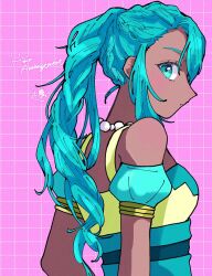  1girl alternate_hairstyle aqua_hair bare_shoulders bead_necklace beads braid braided_ponytail commentary_request dark-skinned_female dark_skin detached_sleeves dress esmeralda_sinza fire_emblem fire_emblem:_fortune's_weave gold_jewelry green_eyes green_hair hair_ornament high_ponytail highres jewelry komugiko_jiro13 long_hair multicolored_dress necklace ponytail profile solo very_long_hair 