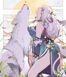  1girl animal animal_ears baby_animal backless_dress backless_outfit bare_shoulders border breasts chinese_clothes closed_eyes clothing_cutout clouds commentary_request detached_sleeves dog dress flower full_moon fur-trimmed_dress fur-trimmed_sleeves fur_trim grass green_dress hair_flower hair_ornament heart highres howling kneehighs large_breasts long_hair moon multicolored_hair open_mouth original outdoors profile puppy qipao side_slit sitting sleeveless sleeveless_dress socks streaked_hair tail tsukudani_yosuke white_border white_hair white_tail white_wolf wolf wolf_ears wolf_girl wolf_tail 