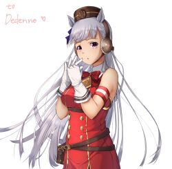  1girl absurdres animal_ears armband blunt_bangs bow breasts brown_hat dress ear_bow ear_ribbon gloves gold_ship_(red_strife)_(umamusume) gold_ship_(umamusume) grey_hair hat highres horse_ears horse_girl long_hair medium_breasts pillbox_hat red_bow red_dress sleeveless sleeveless_dress solo striped_armband striped_clothes umamusume umimin37 violet_eyes white_gloves 