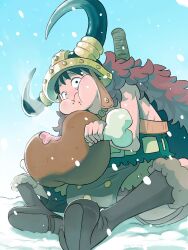  1boy adelineperriga1 black_hair blue_sky boned_meat boots brown_boots cape closed_mouth commentary day eating english_commentary fake_horns food food_on_face fur_cape helmet highres holding holding_food horned_helmet horns looking_at_viewer male_focus meat monkey_d._luffy official_alternate_costume one_piece outdoors red_cape short_hair shorts sitting sky snowing solo weapon weapon_on_back 