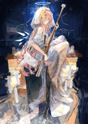  1girl absurdres ambience_synesthesia arknights barefoot blue_background candle closed_mouth commentary constellation detached_wings disembodied_hand dress from_side full_body gun halo highres holding holding_weapon ichika_(ichika87) lemuen_(arknights) lemuen_(requiem_vesperis)_(arknights) long_hair looking_at_viewer official_alternate_costume one_eye_covered pink_eyes pink_hair rifle sitting smile solo traditional_halo veil weapon white_dress white_veil wings 