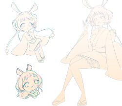  1girl absurdres animal_ears bow frilled_thighhighs frills gekokujou_hana hair_ornament highres japanese_clothes kimono magical_girl mahou_shoujo_ikusei_keikaku mahou_shoujo_ikusei_keikaku_limited malu_661 multiple_expressions obi open_mouth rabbit_ears rabbit_girl sandals sash short_hair sketch smile thigh-highs white_background zouri 