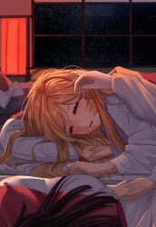  2girls absurdres alternate_costume black_hat blonde_hair blush bow brown_hair closed_eyes commentary drooling futon hakurei_reimu hat hat_bow highres indoors izumi_no_yasushi_aya japanese_clothes kimono kirisame_marisa long_sleeves lying missing_headwear multiple_girls on_side saliva sleeping solo_focus touhou untranslatable_commentary unworn_hat unworn_headwear white_bow white_kimono wide_sleeves witch_hat yuri 