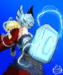 1girl biceps blonde_hair blue_background blue_eyes braid cape electricity glaring glowing glowing_weapon hammer helmet highres holding holding_hammer looking_at_viewer marvel marvel_tokon:_fighting_souls mjolnir_(marvel) muscular muscular_female oppai_king red_cape single_braid solo standing thor_(jane_foster) thor_(marvel)_(series) weapon winged_headwear winged_helmet 