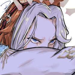  absurdres animal_ears blue_eyes commentary crying crying_with_eyes_open english_commentary forehead highres horse_ears horse_girl looking_ahead multicolored_hair muscular muscular_female orange_hair orfevre_(umamusume) pervertariat tears the_fallen_angel_(painting) two-tone_hair umamusume white_hair 