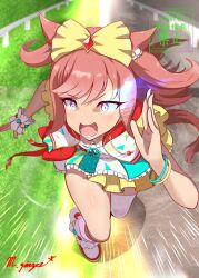  1girl absurdres agnes_digital_(full-color_fangirling)_(umamusume) agnes_digital_(umamusume) animal_ears blue_eyes bow brown_hair commentary_request dirt eye_trail glowing glowing_eyes grass hair_bow highres horse_ears horse_girl horse_tail light_trail long_hair megadeth_ginger multicolored_skirt open_mouth outdoors pink_hair running shirt single_thighhigh single_wrist_cuff skirt sleeveless solo tail thigh-highs two_side_up umamusume wrist_cuffs yellow_bow 