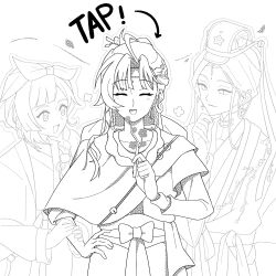  3girls :d ^_^ absurdres branch chinese_clothes closed_eyes facial_mark facing_viewer flower forehead_mark greyscale guan_hat hand_on_own_chin hand_on_own_hip hanfu headscarf highres holding holding_another's_arm holding_branch lineart long_hair looking_at_another master_ren_(reverse:1999) mayfly_(reverse:1999) meme monochrome multiple_girls open_mouth paper_heron reverse:1999 smile tap_me_(meme) upper_body white_background yurax-mae 