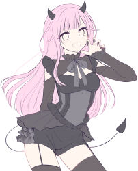  1girl :d black_nails black_shirt black_shorts black_thighhighs blush bow claw_pose demon_horns demon_tail fang fingernails garter_straps grey_bow highres horns long_fingernails long_hair long_sleeves nail_polish ootori_emu pink_hair pnyo_emc project_sekai sharp_fingernails shirt shorts simple_background sleeves_past_wrists smile solo tail thigh-highs very_long_hair white_background 