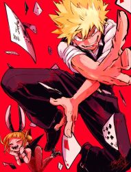  1boy 1girl ace_(playing_card) ace_of_diamonds animal_ear_hairband animal_ears arms_up bakugou_katsuki black_leotard black_pants black_shoes black_vest blonde_hair blush boku_no_hero_academia card closed_eyes collared_shirt commentary diamond_(shape) fake_animal_ears fishnet_pantyhose fishnets hairband high_heels highres ikapnmn2 leotard male_focus outstretched_arms pants pantyhose playboy_bunny playing_card protected_link red_background red_eyes shirt shoes short_hair sleeves_rolled_up spiky_hair teeth toga_himiko tongue tongue_out uneven_eyes very_short_hair vest white_shirt wing_collar wrist_cuffs 