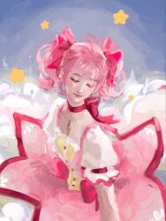  1girl abiilaii blush bubble_skirt closed_eyes clouds commentary dress gloves highres kaname_madoka kaname_madoka_(magical_girl) magical_girl mahou_shoujo_madoka_magica mahou_shoujo_madoka_magica_(anime) neck_ribbon pink_dress pink_hair pink_ribbon puffy_sleeves red_ribbon ribbon short_hair short_sleeves short_twintails skirt smile star_(symbol) twintails 