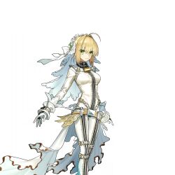  1girl ahoge belt blonde_hair bodysuit boots bow breasts bridal_veil chain closed_mouth commentary cowboy_shot fate/extella fate/extella_link fate/extra fate/extra_ccc fate_(series) flower flower_wreath full-length_zipper game_asset gloves gold_belt green_eyes hair_bow hair_intakes head_wreath highres light_frown lock looking_at_viewer loose_belt medium_breasts nero_claudius_(bride)_(fate) nero_claudius_(fate) official_alternate_costume official_art padlock padlocked_collar short_hair simple_background solo standing tachi-e third-party_source transparent_background veil wada_arco waist_cape white_bodysuit white_boots white_bow white_gloves zipper 