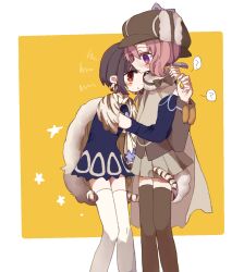  2girls black_bow black_hair black_thighhighs bow brown_eyes cape commentary_request deerstalker detached_sleeves detec_bell detective fur_cape grey_cape grey_skirt hat highres hug lapis_lazuline magical_girl mahou_shoujo_ikusei_keikaku mahou_shoujo_ikusei_keikaku_restart multiple_girls pink_hair pleated_skirt short_hair skirt tail thigh-highs violet_eyes white_thighhighs yellow_background yuri zzz_neruko 