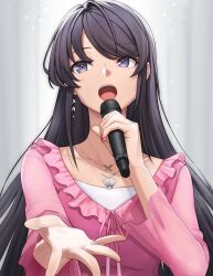  1girl absurdres arsti_11 black_hair breasts collarbone commentary earrings facing_viewer frilled_shirt frills grey_eyes hand_up highres holding holding_microphone jewelry long_hair long_sleeves looking_ahead low_neckline medium_breasts microphone mixed-language_commentary necklace open_mouth outstretched_hand pendant pink_nails pink_ribbon pink_shirt reaching reaching_towards_viewer ribbon sakurajima_mai seishun_buta_yarou shirt singing solo white_shirt 