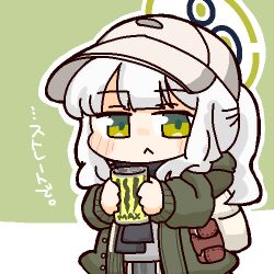  1girl :< bag baseball_cap black_scarf blue_archive blush can closed_mouth commentary_request cowboy_shot deformed drink_can energy_drink green_background green_eyes green_jacket grey_hair halo hare_(blue_archive) hare_(camp)_(blue_archive) hat holding holding_can jacket long_hair long_sleeves lowres monster_energy neneo_(ragnene1) oekaki official_alternate_costume open_clothes open_jacket outline ponytail scarf solo translation_request white_background white_hat white_outline 