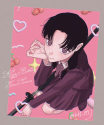  1girl absurdres black_hair blazer border character_name cherry collared_shirt cursive english_text food from_above fruit full_body grey_border hair_tie hand_on_own_cheek hand_on_own_face happy_birthday head_rest heart highres holding holding_sword holding_weapon jacket kagurabachi katana light_blush long_hair looking_at_viewer low_twintails nodokana_sora pink_background pleated_skirt purple_jacket purple_ribbon purple_shoes purple_skirt ribbon samura_iori sheath shirt shoes skirt solo sparkle squatting sword tobimune_(sword) twintails twitter_username unsheathing violet_eyes weapon white_shirt 